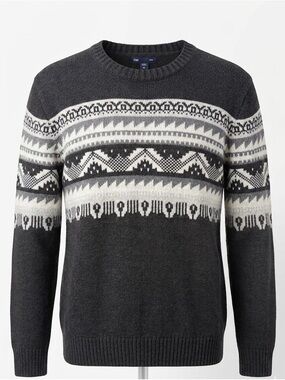 GAP Men's Charcoal and White Fair Isle Crewneck Sweater